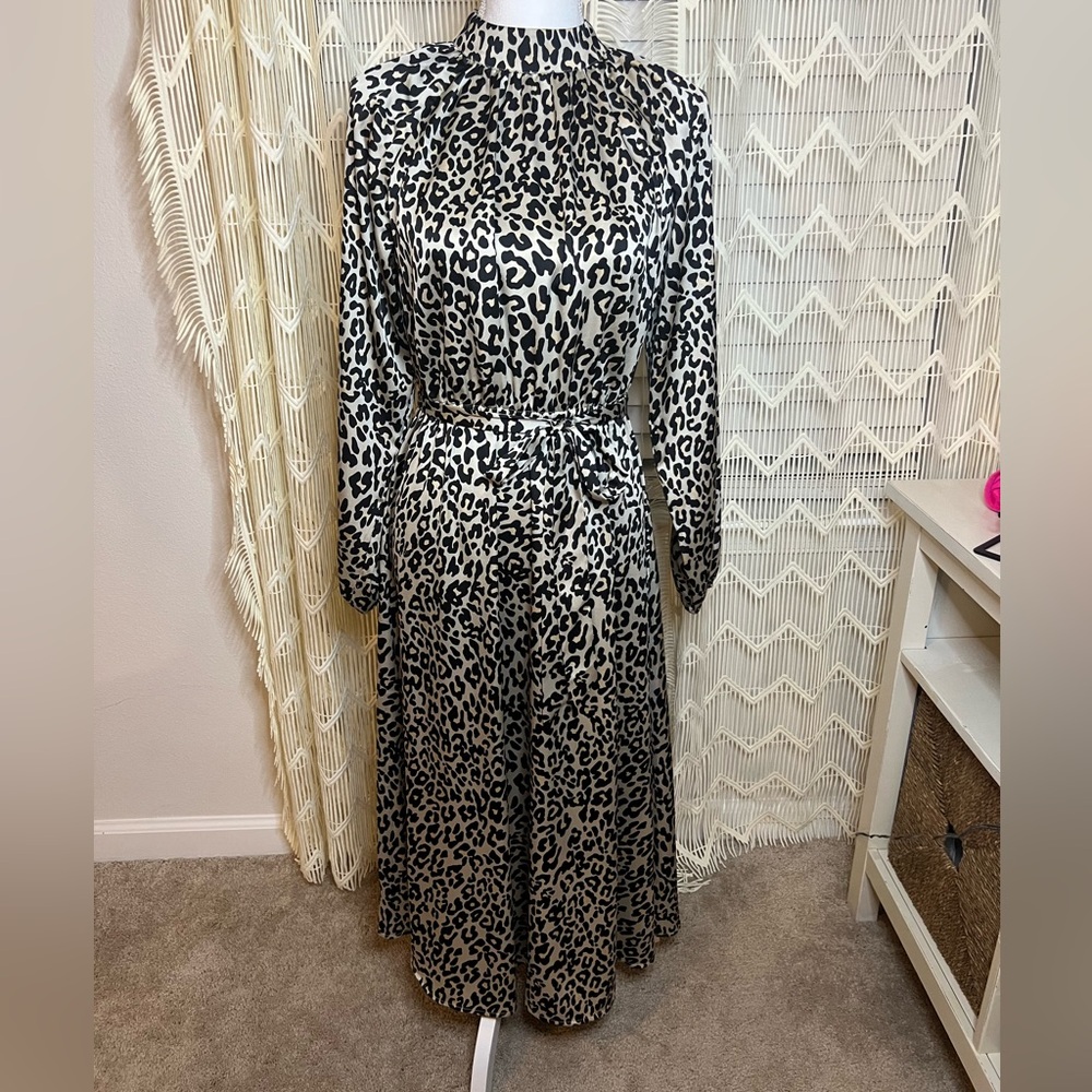 LOFT A Line Long Sleeve Midi Cheetah Print Dress Sash High Neck Tan Black Size 4
